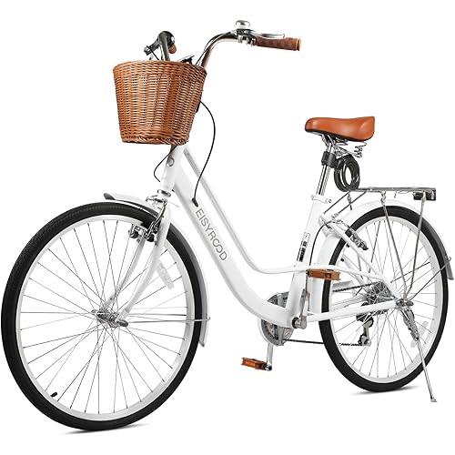 26 Inch Beach Cruiser Bike for Ladies, 7-Speed Women Bike for Adults with Basket & Rack, City Bicycle for Commuting, Step Through City Bikes for Woman Adults Ladies