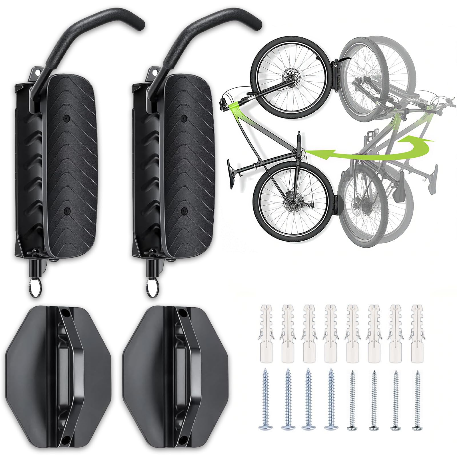 2 Pack Swivel Bike Wall Mount, Space-Saving Vertical Bike Rack, Heavy-Duty Garage Bike Hanger, Adjustable Bike Wall Hanger, MTB Bicycle Storage Hook Holds Up to 66lbs, No Heavy Lifting Required
