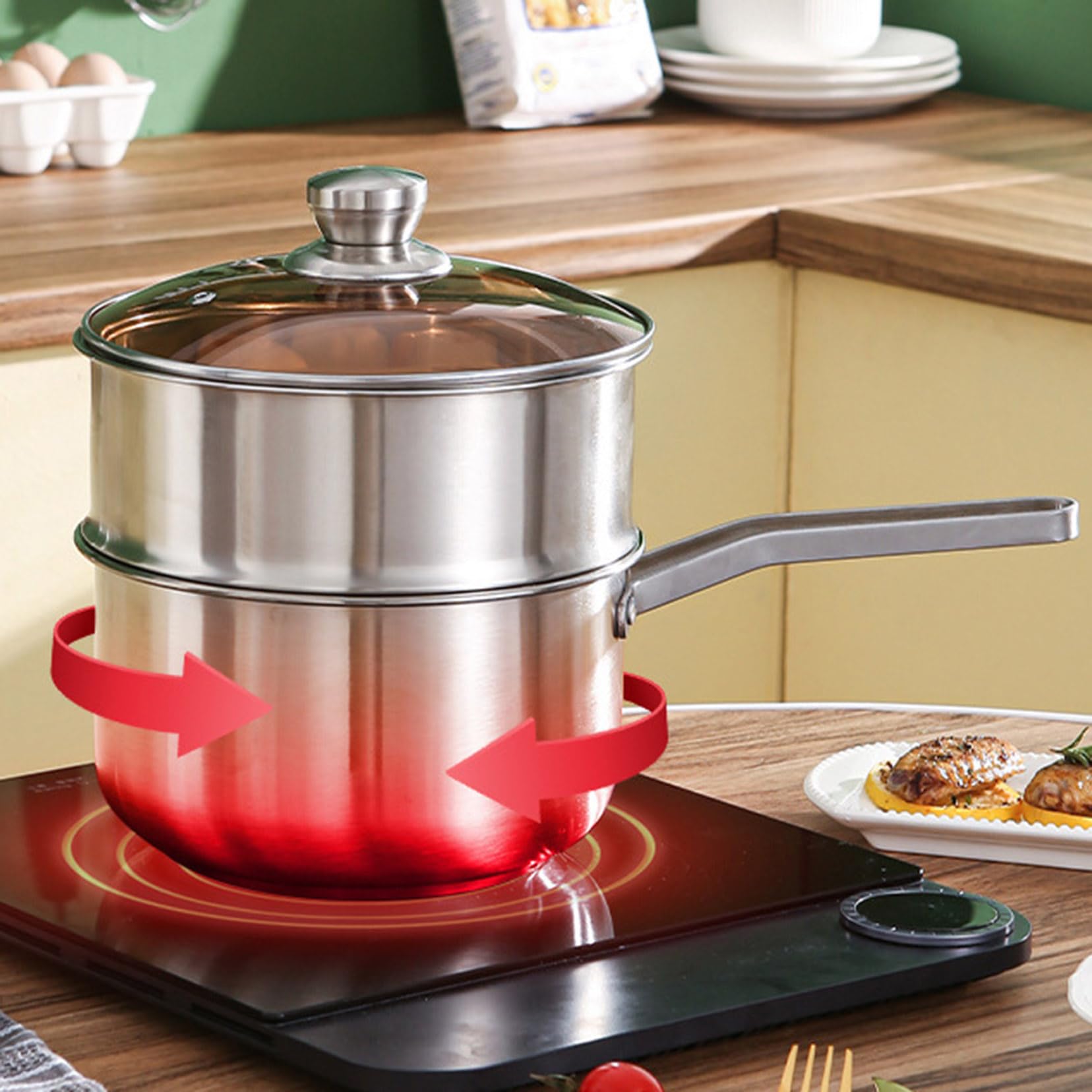 Cacerola de acero inoxidable de 20 cm con tapa de cristal, olla profesional para cocina doméstica, mango resistente al calor, acabado espejo, fácil de limpiar