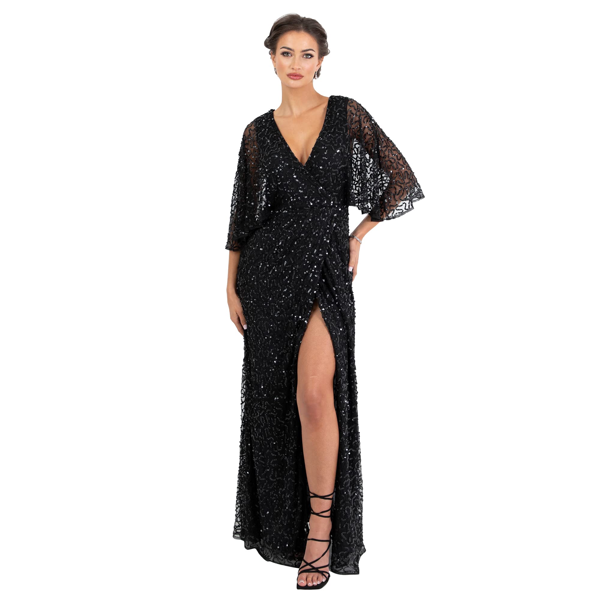 Maya Deluxe Women's Maxi Ladies Sequin Embellished Wrap A-line Dress for Wedding Guest Bridesmaid Evening Prom Ball Occasion Dress
