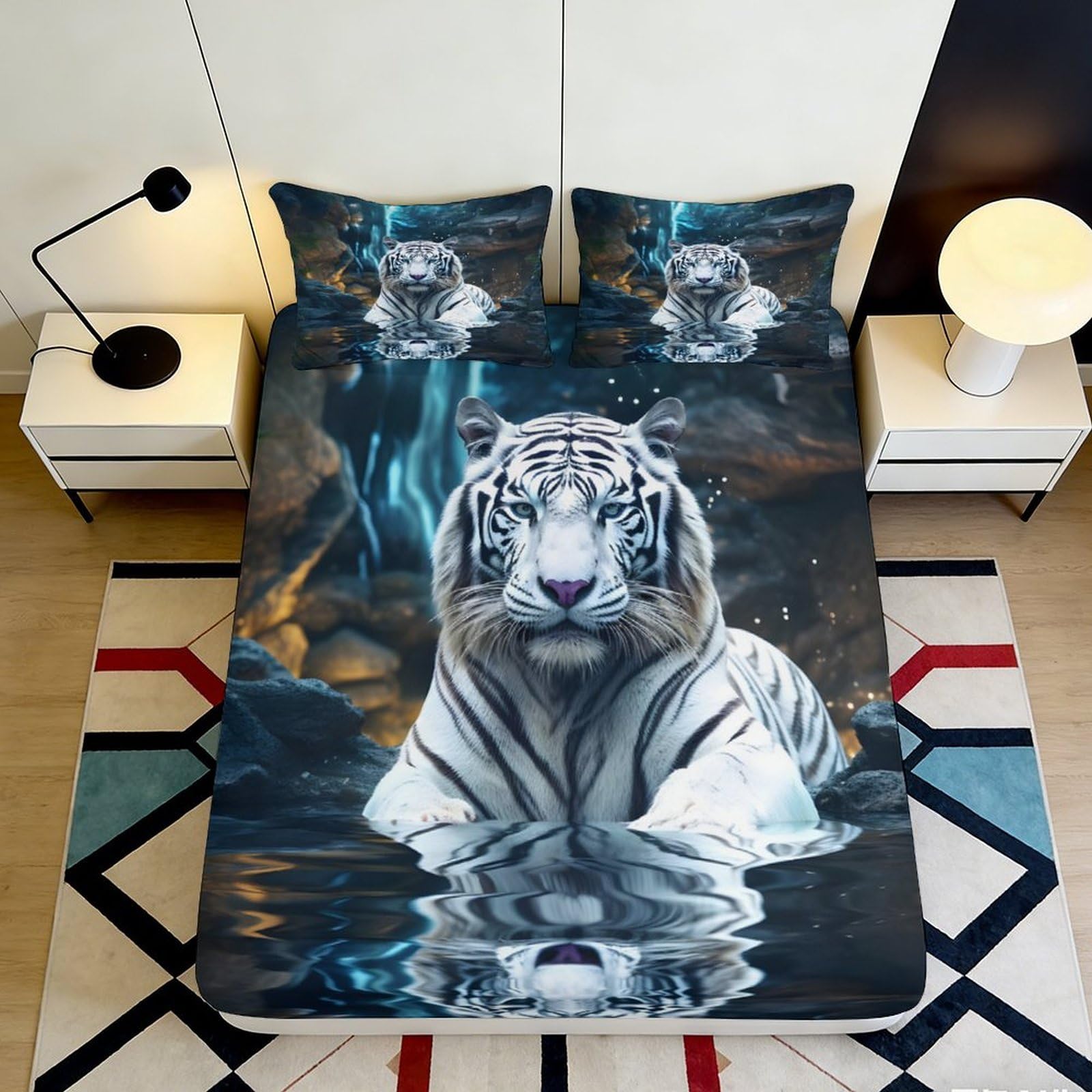 3D Printed White Tiger Reflection Fitted Sheet Microfiber Soft Anti-Slip Bed Cover for Bedroom Dorm Mattress Decor 115 120x200x25cm