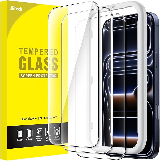 JETech Protecteur d'écran pour iPhone 17 Pro 6.3 pouces, film en verre trempé avec outil d'installation facile, 9H La dureté, l'amitié, 3-Pack