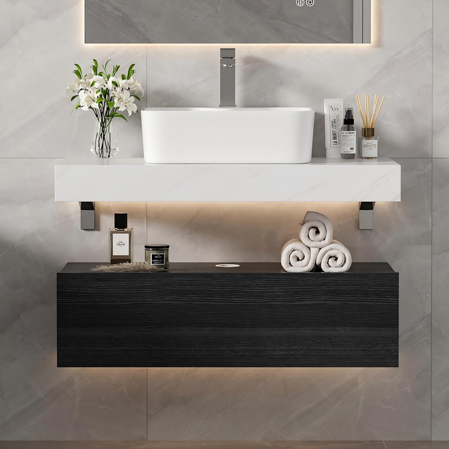 homary 35'' Floating Bathroom Vanity with Sintered Stone Countertop, Wall-Mounted Bathroom Cabinet with Ceramic Sink & Drawer Storage, Waterproof Modern Single Vanity, Natural