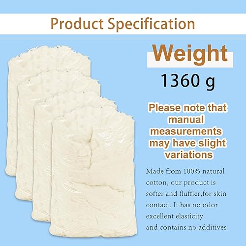 Miniatura 9 de Relleno de algodón natural de 1.5 libras, fibra de bateo cruda, algodón peinado para almohada, sofá, muñecas, relleno de algodón blanco para