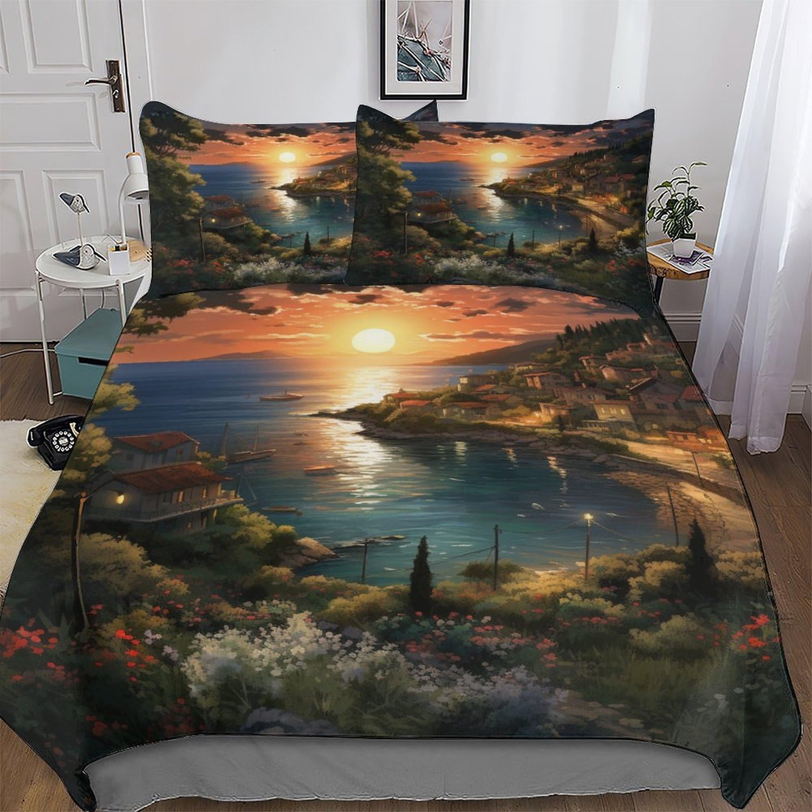 LLXXHH Sunset over The Harbour Soft Microfiber Duvet Cover with Pillowcases Comforter Cove Polyester Quilt Covers for Adults Teenager Kids Bedding Single(135x200cm)