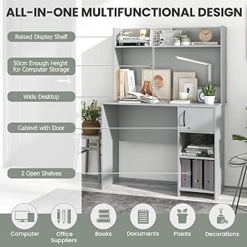 COSTWAY Computer Desk, Modern Writing Workstation PC Laptop Table with Hutch, Storage Bookshelf and Cable Management Holes, Home Office Work Study Desk (Grey, 106 x 50 x 148 cm)