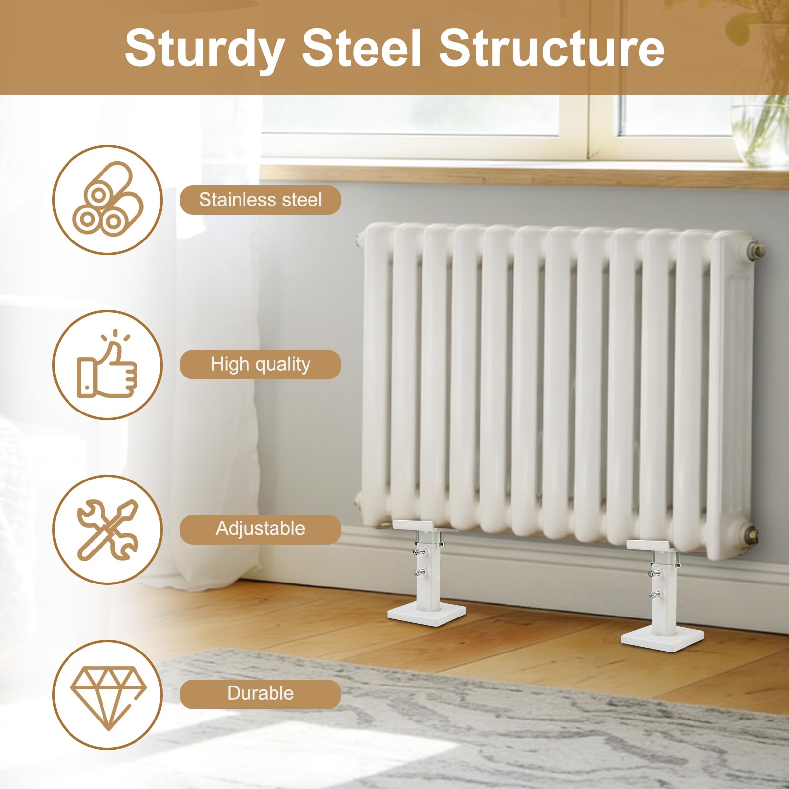 Kit de pieds de radiateur à montage au sol, supports de radiateur réglables en acier, kit de pieds de montage au sol, blanc + argent