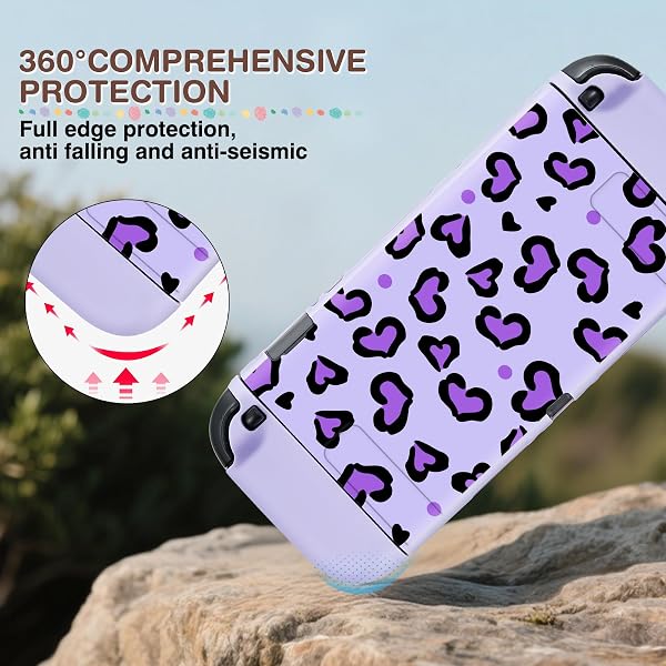 DLseego Carry Case for Switch 2,Heart Leopard Portable Storage Travel Game Carrying Case with NS 2 Dockable Protective Cover,4PCS Thumb Grip Cap and 1PC Plush Heart Charm,Purple - 2