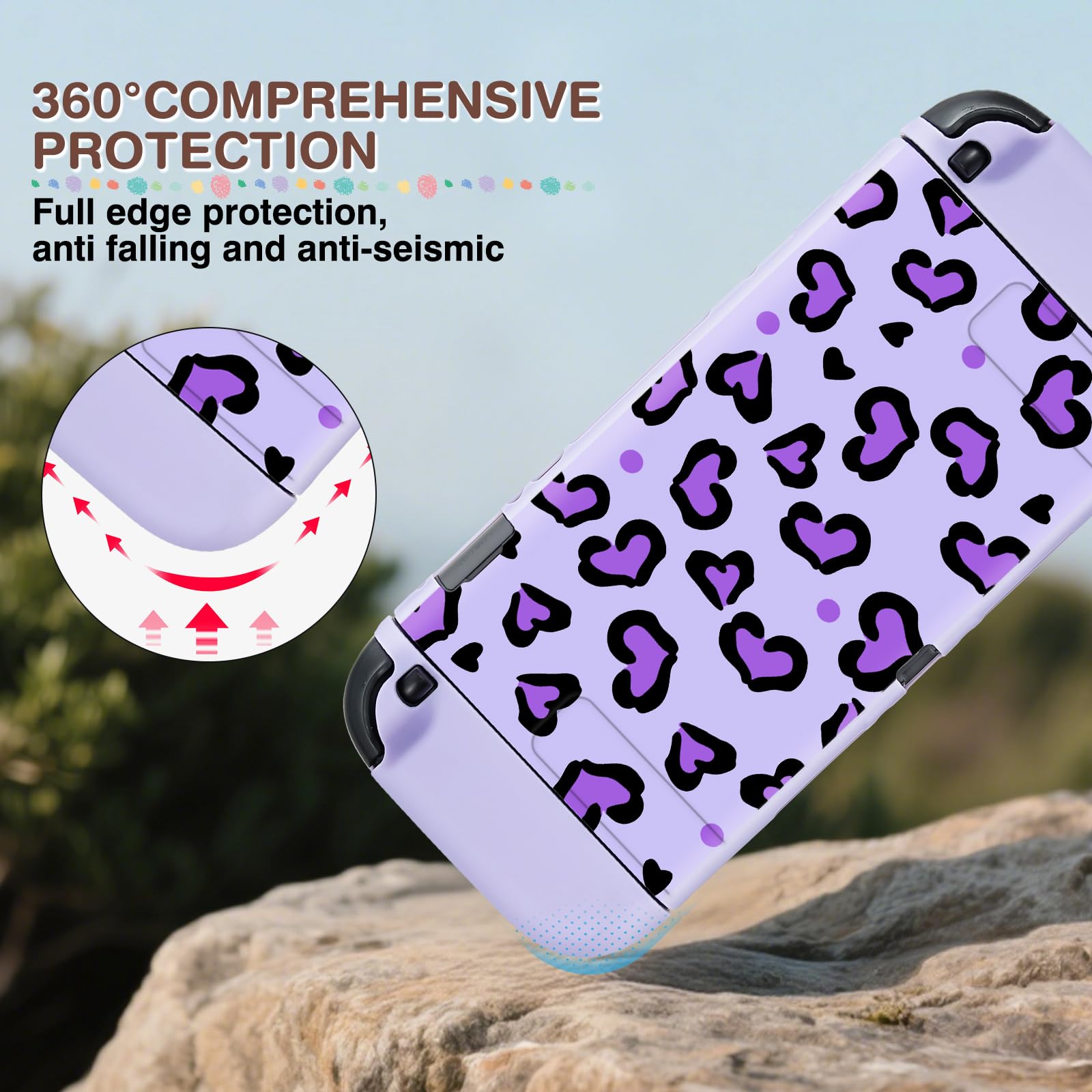 DLseego Carry Case for Switch 2,Heart Leopard Portable Storage Travel Game Carrying Case with NS 2 Dockable Protective Cover,4PCS Thumb Grip Cap and 1PC Plush Heart Charm,Purple — view 2