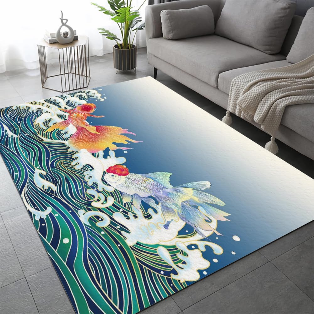 Tapis de Salon 180x240cm Vagues Poisson Rouge 3D Motif Velours Cristal Doux Tapis Kawaii Animaux Tapis de Chambre Doux et Moelleux, Tapis Lavable, Tapis Antidérapant Intérieur
