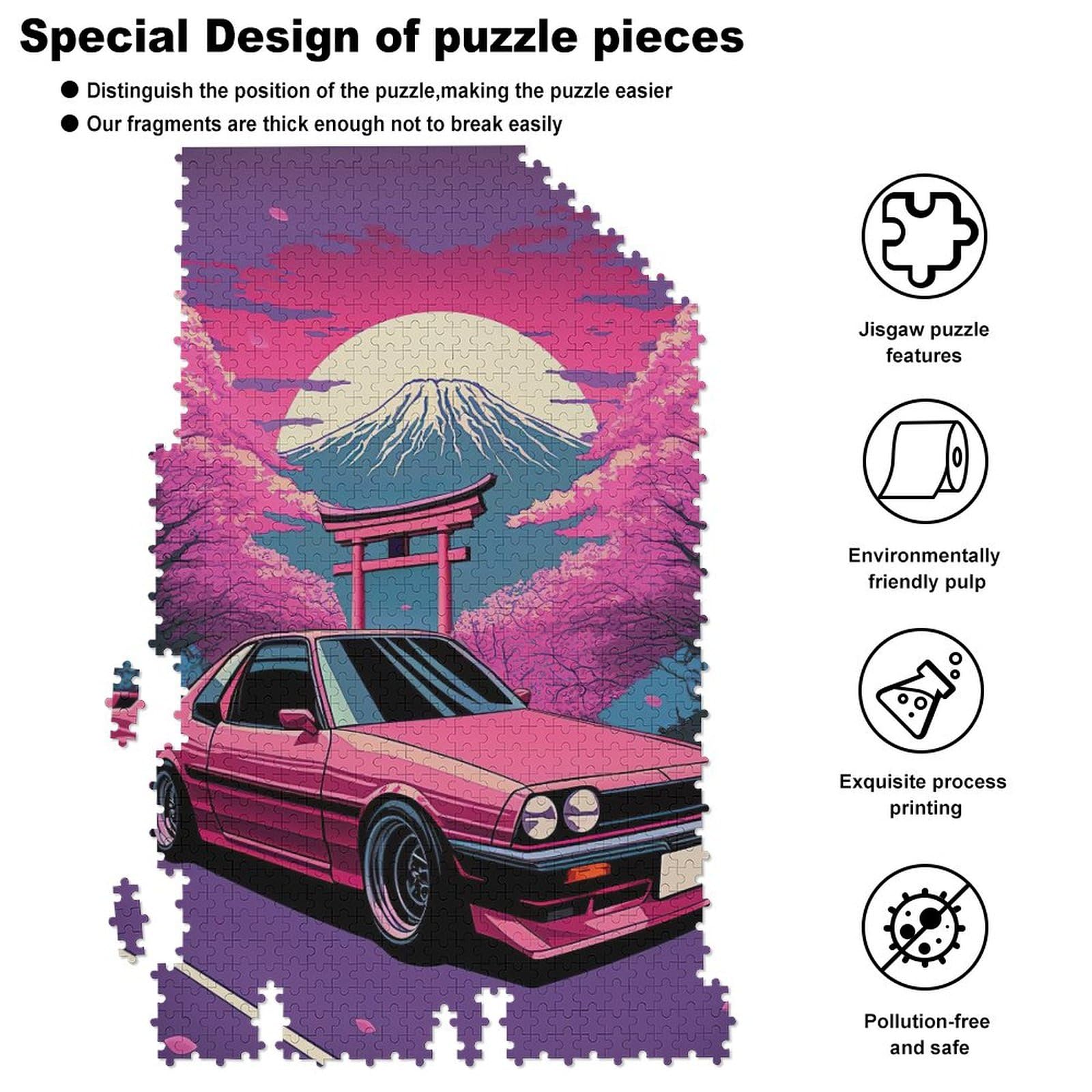 RMSGOZO Puzzle 1000 Teile – 3D-Cartoon-Landschaft Mit Rosa Schloss & Sportwagen, 75 X 50 Cm, Holzpuzzle Für Erwachsene