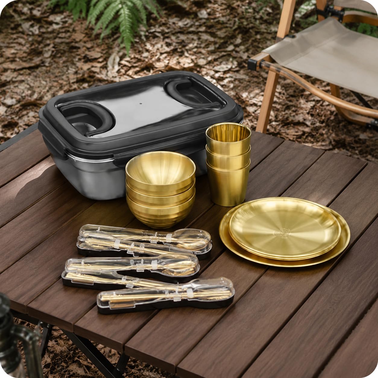 Goldfarbene Gabeln für Picknick, spülmaschinenfestes Campingbesteck, kompaktes Reisebesteck mit Tasche, goldenes Wanderbesteck Set, 3-Personen-Set, Gold