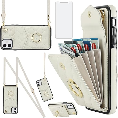 Asuwish Funda de teléfono para iPhone 12 Pro iPhone12 6.1 Funda tipo cartera con protector de pantalla de vidrio templado, correa de muñeca cruzada,