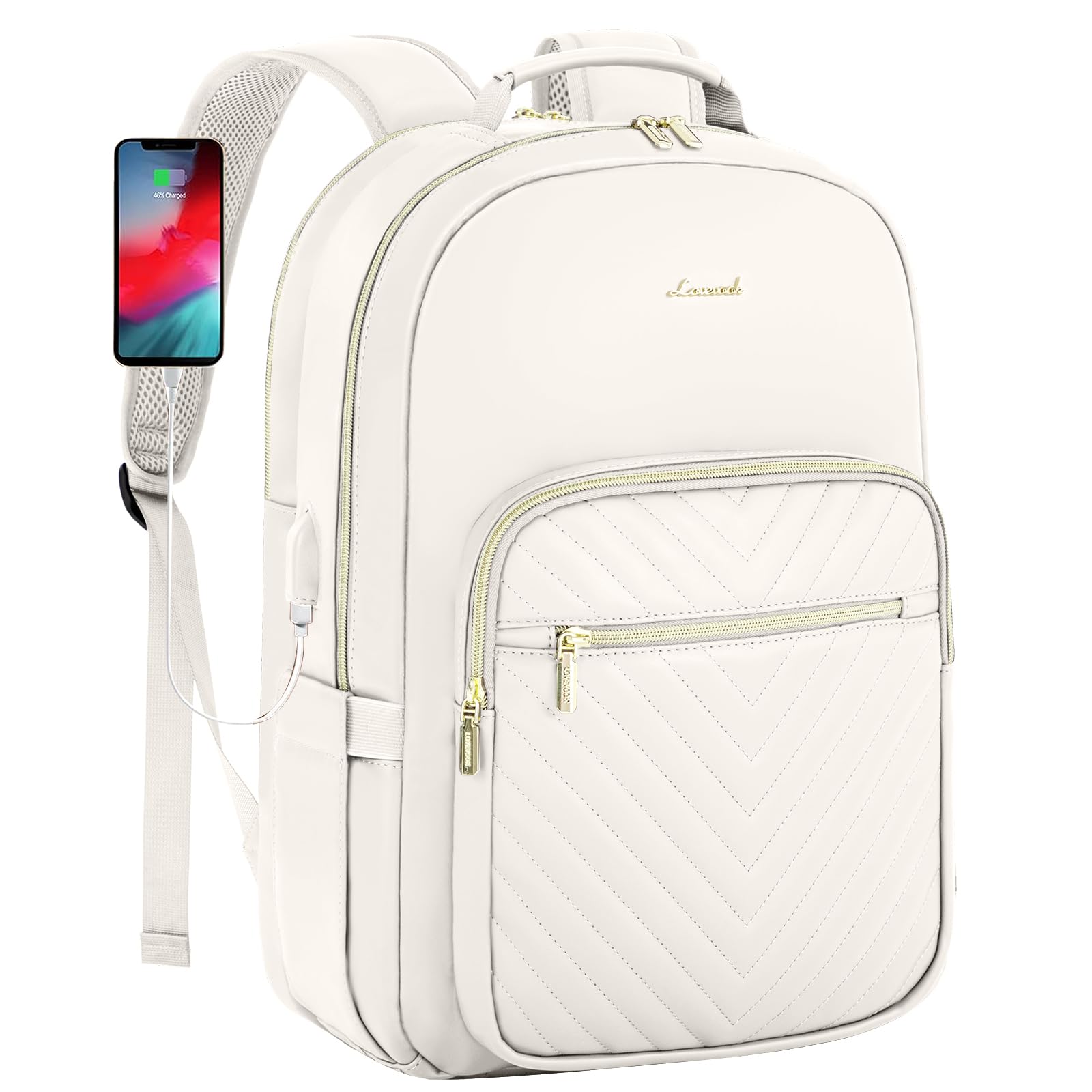 LOVEVOOK Leather Backpacks for Women,15.6 inch Leather Laptop Backpack Women Computer Backpack Laptop Bag,Stylish Quilted Travel Backpack Purse Work College Teacher Backpacks with USB Port,Off-white