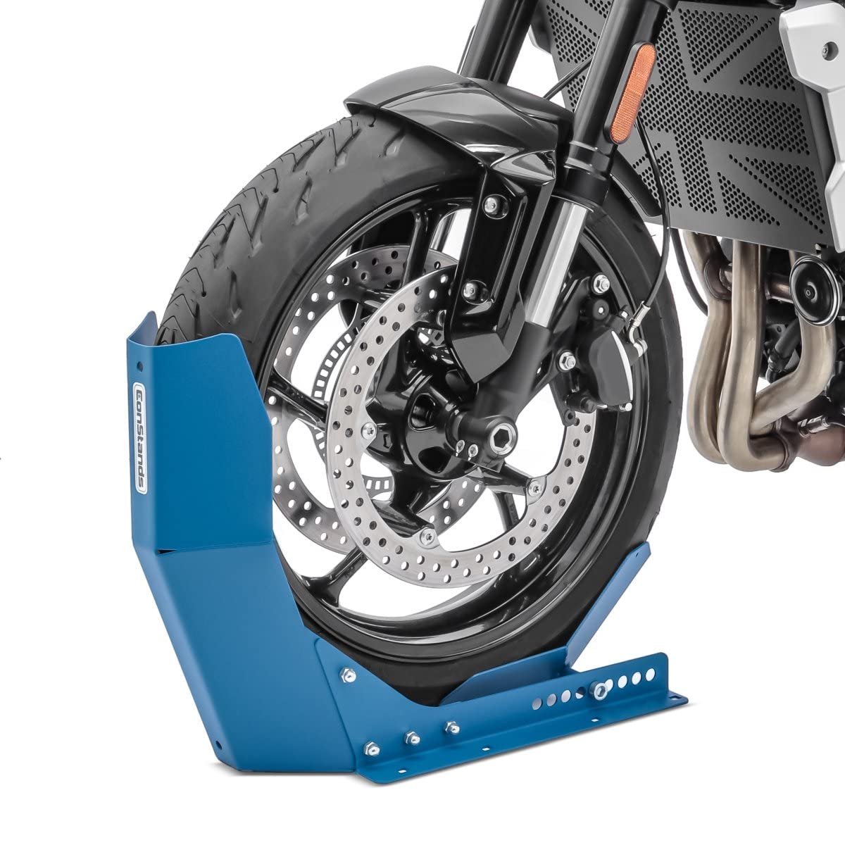 ConStands Easy Transport Fix - Motorrad Wippe Royal Enfield Bullet,Classic 500,Continental GT 535,Himalayan für Anhänger Vorderrad Transportständer Motocross Roller Blau