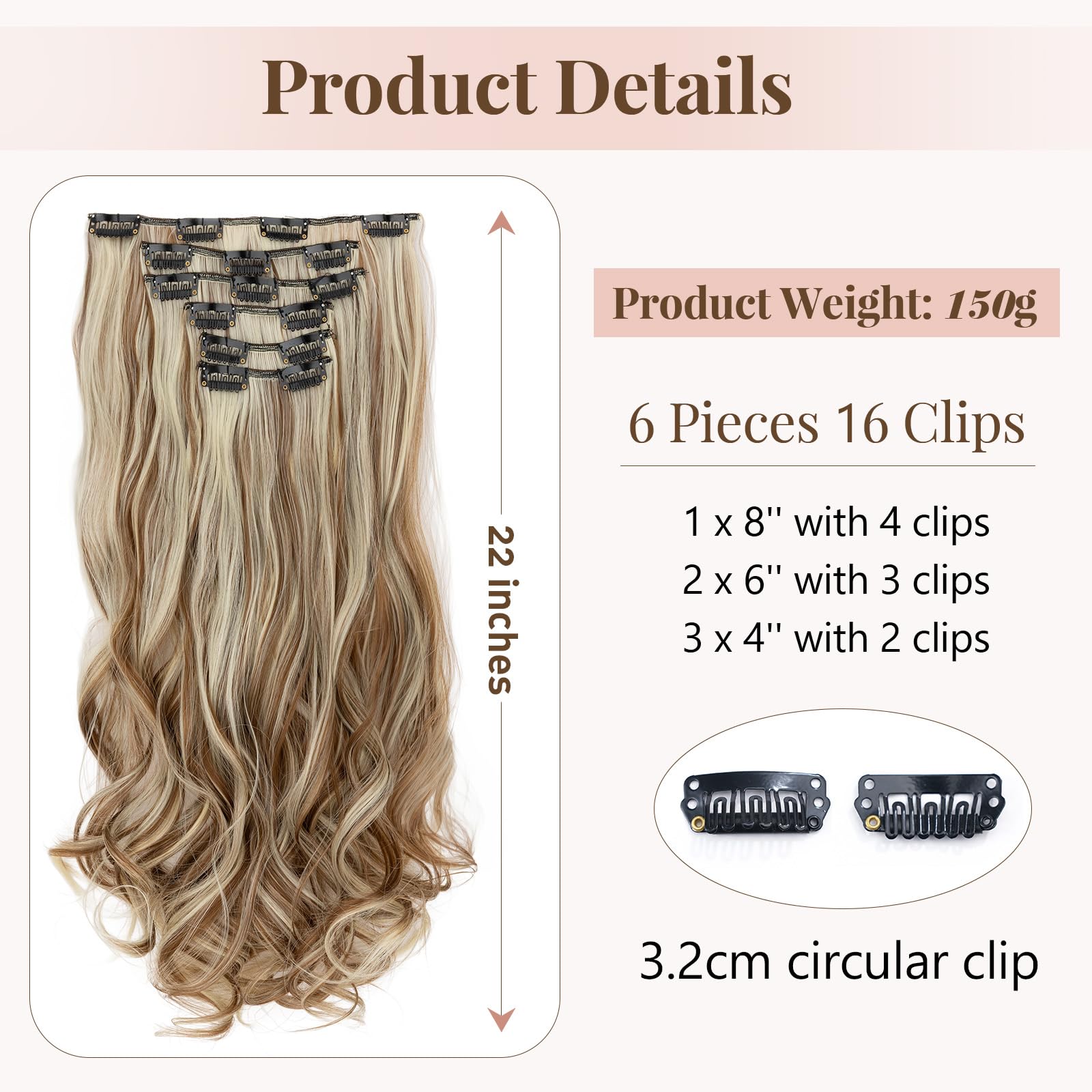 TESS Blonde Curly Hair Extensions Clip in 22 Inch 6PCS 16 Clips Heat Resistant Synthetic Wig Tangle-Free Double Weft Hair Pieces for Women UK 150g #6H613 Balayage Light Brown & Bleached Blonde - Image 3
