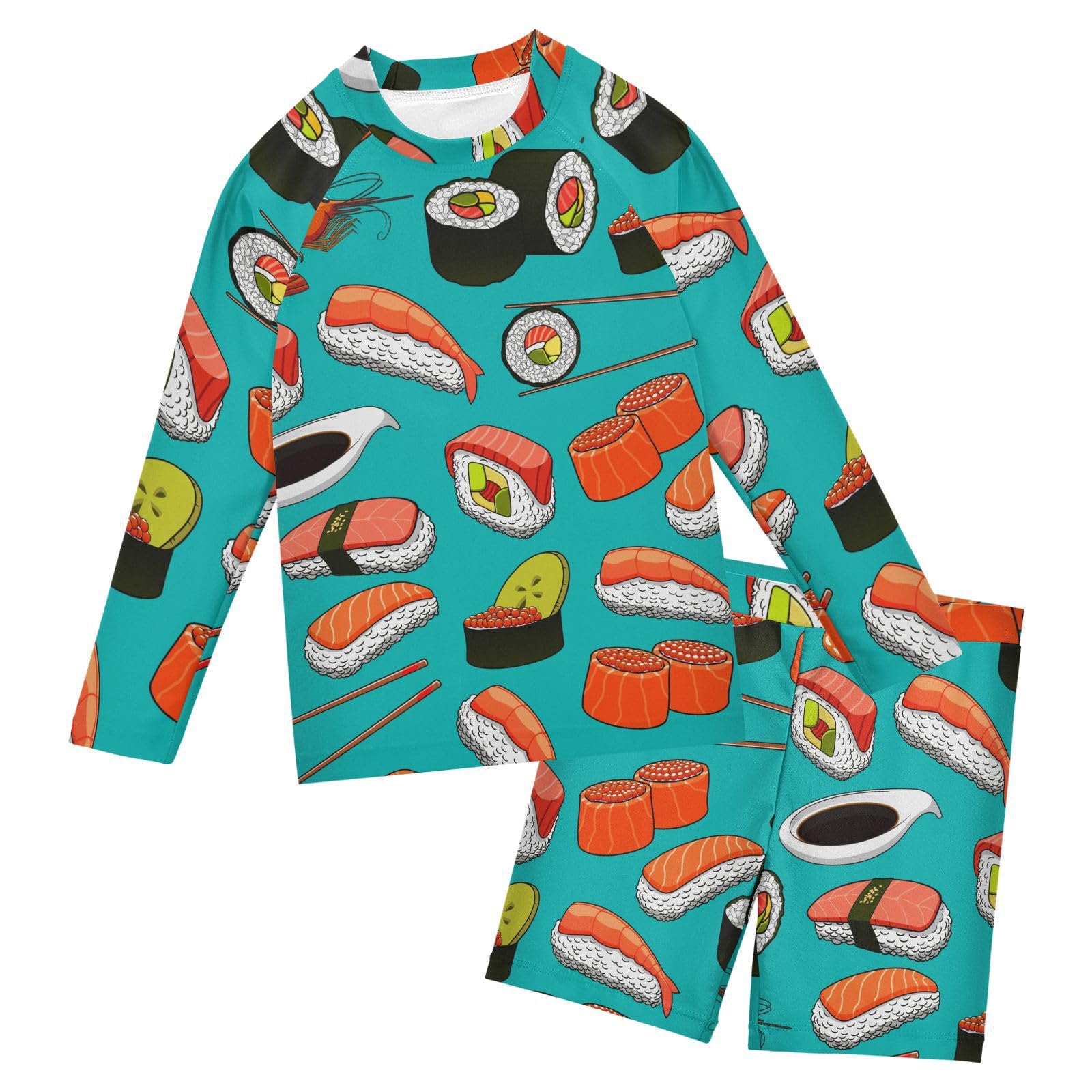 Aflyko Kids' Bathing Suit Set Chopsticks Sushi Long Sleeve Swim Tops with Shorts Summer Vacation Pool Party Rashguard Fun Cute Infant Beachwear, 4T Multicoloured