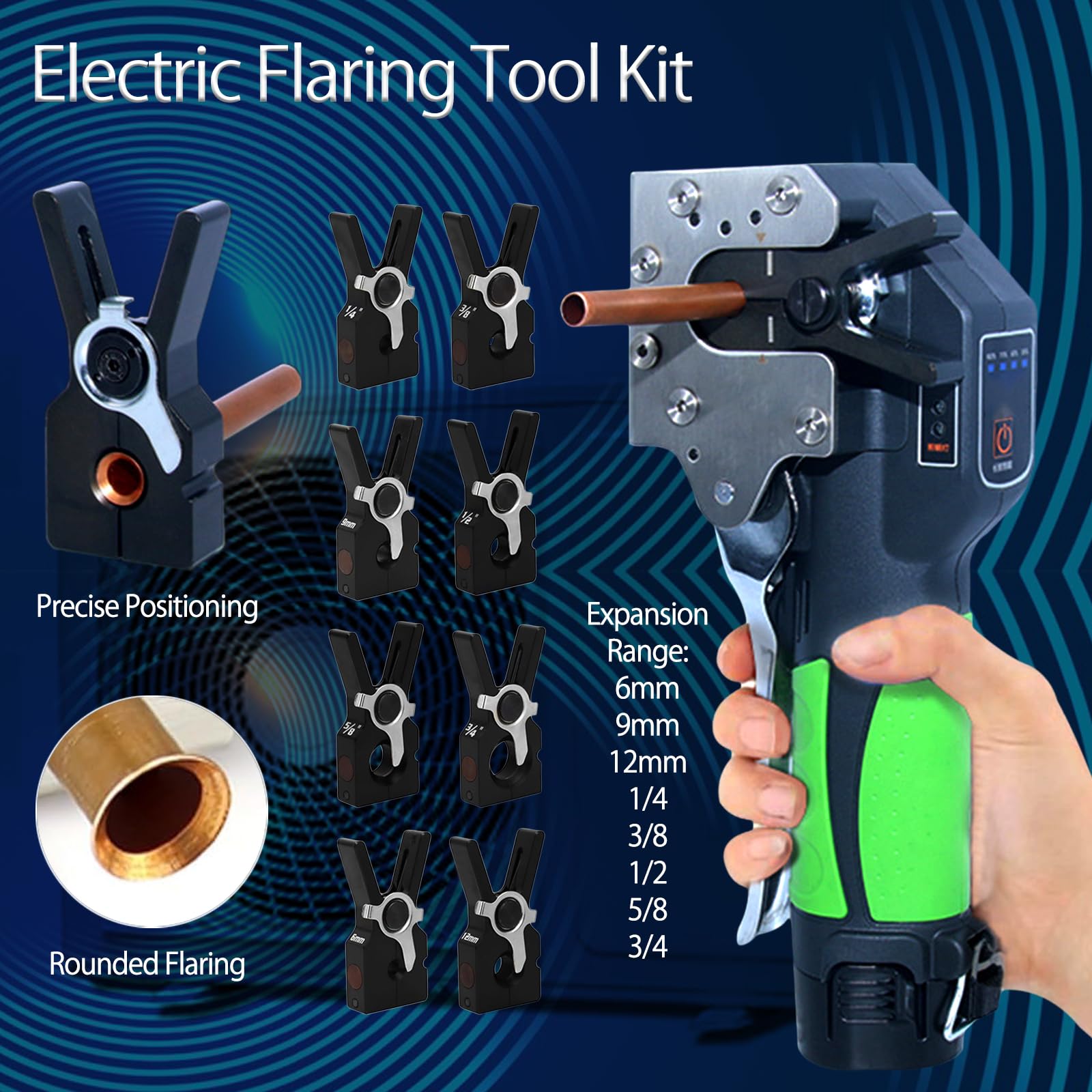 Elektrisches Bördelwerkzeug Set, 45° Exzenterrohr Bördelwerkzeug Professionelles, 8 Größen Klemmen and 2200 mAh Akku mit großer Kapazität für Weichku Pfer Aluminium Messingrohre