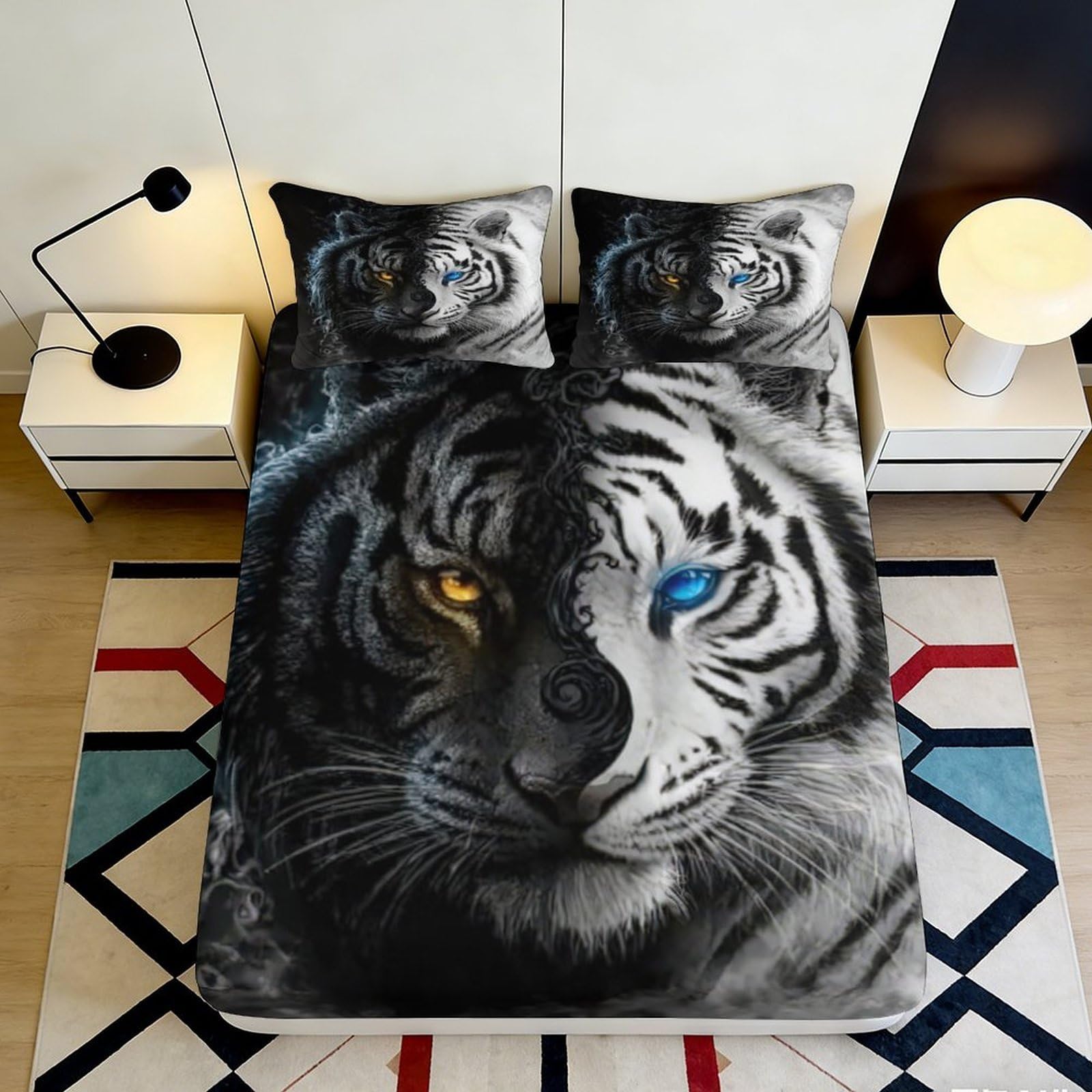 3D Printed Dual Tiger Face Fitted Sheet Microfiber Soft Anti-slip Bed Cover for Bedroom Dorm Mattress Decor 115 120x200x25cm