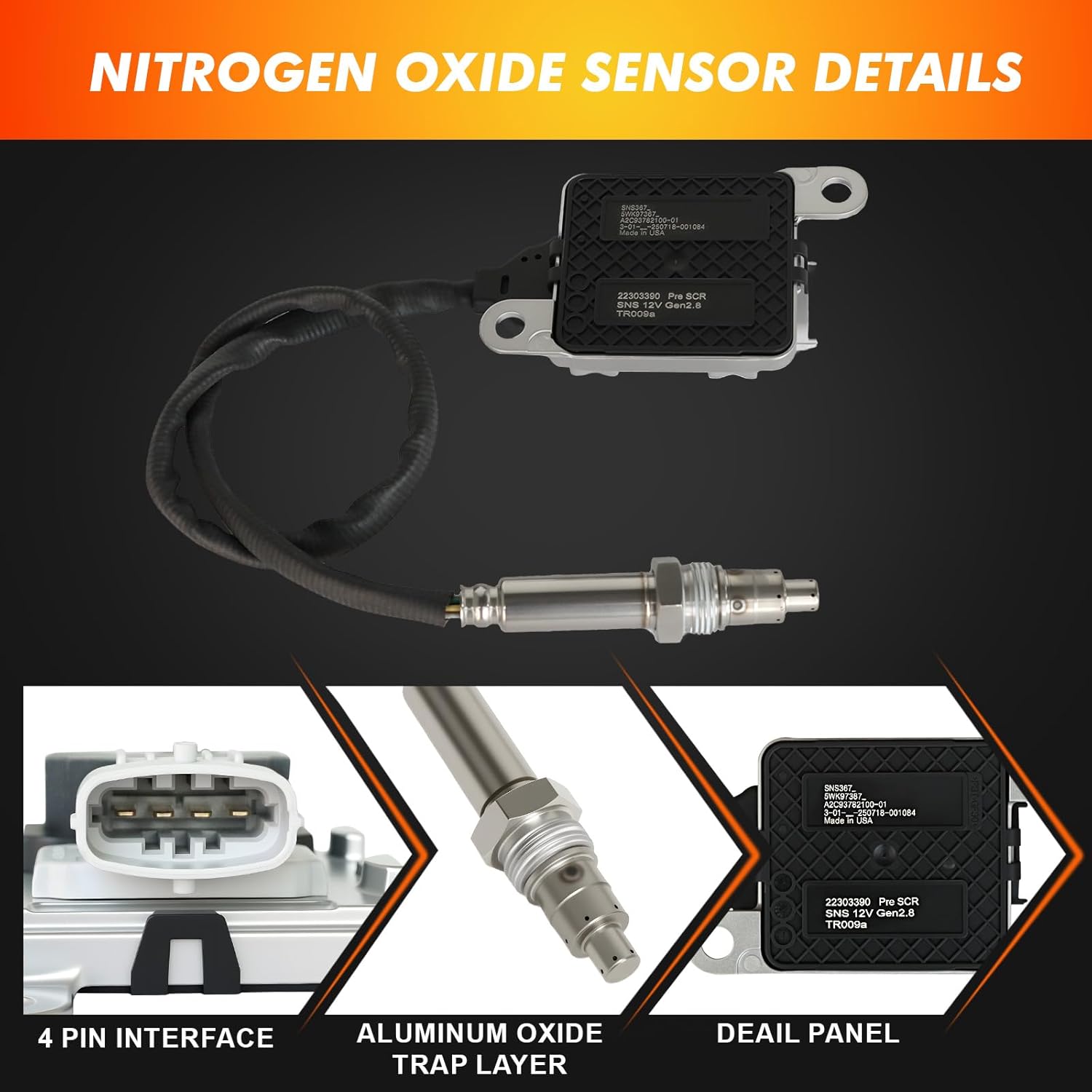 2010-2019 Outlet Nitrogen Oxygen Sensor Compatible for Volvo C70, VHD, VN, VNL, VNM, VT; Mack CHU612, CXU612, GU712 More 2010-2018,for Mack MP7, MP8 Engine, Replace 5WK9 7367 21479638 21567764