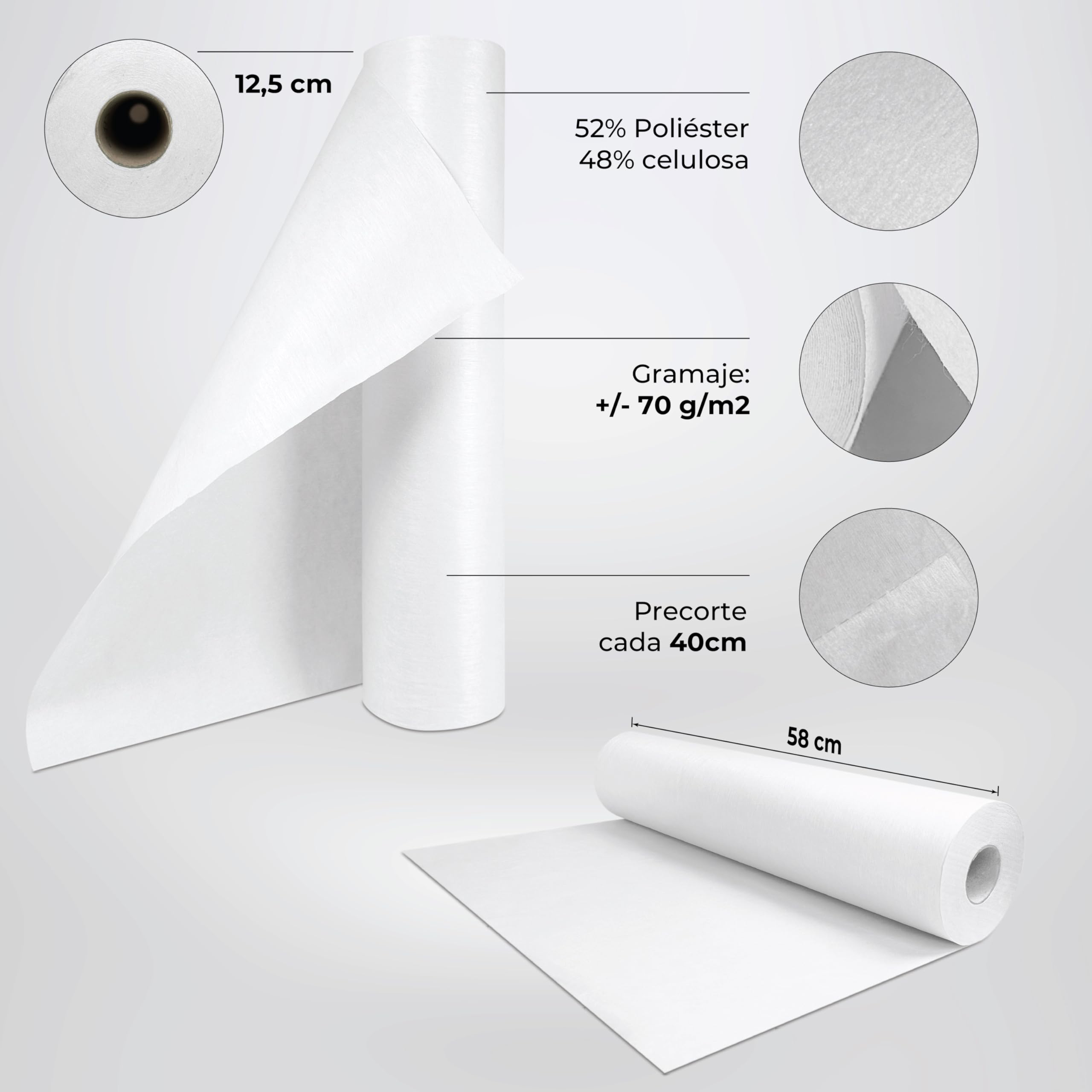 Papel Camilla Fiselina Extrasuave Precortado a 40 cm | Rollos de Papel Camilla Fabricados en Poliéster y Celulosa (Blanco, 3 Rollos)