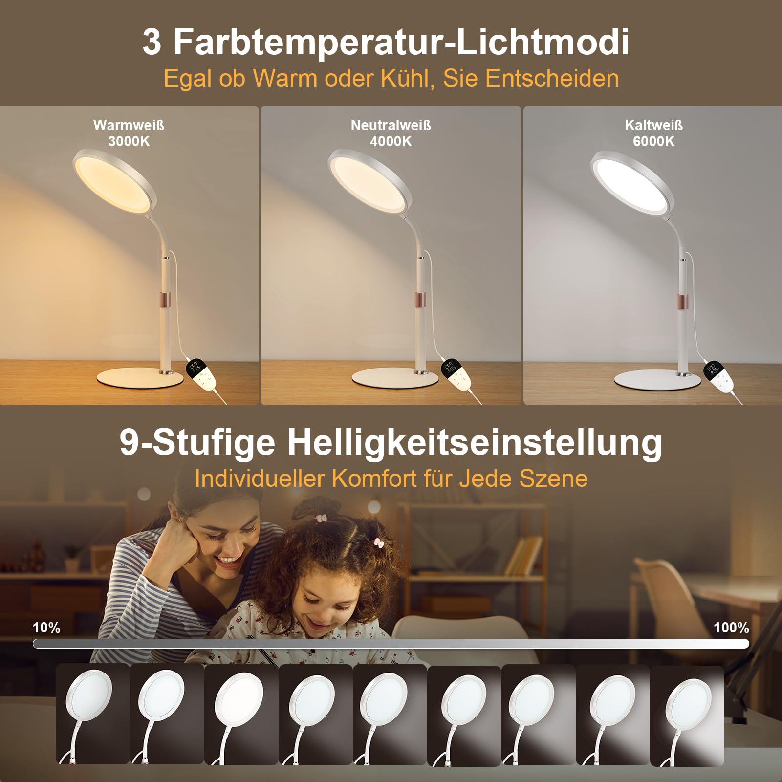 Lampada SAD, Lampada Per Terapia Della Luce Senza Raggi UV Da 10.000 lux, 3 Temperature Di Colore, 9 Luminosità e Timer da 15/30/45Min, Lampadas a luce Diurna Per Uso Domestico/Ufficio