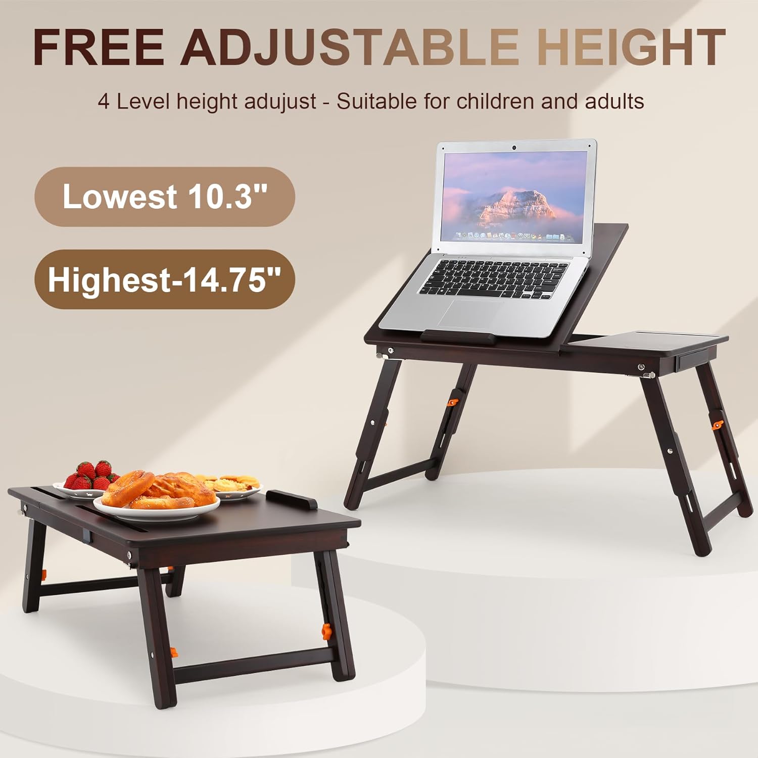 Nnewvante Laptop Desk, Height & Angle Adjustable Lap Desk Bed Tray Table, Foldable Laptop Table with Drawer, Mouse Pad, Tablet & Phone Slots for Working Reading Writing Eating, Black Walnut
