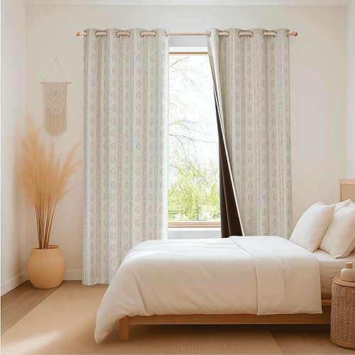 Miniatura 8 de Cortinas opacas 100% bohemias de 72 pulgadas de largo para dormitorio, cortinas bohemias con patrón gris pardo sobre beige, para sala de estar,