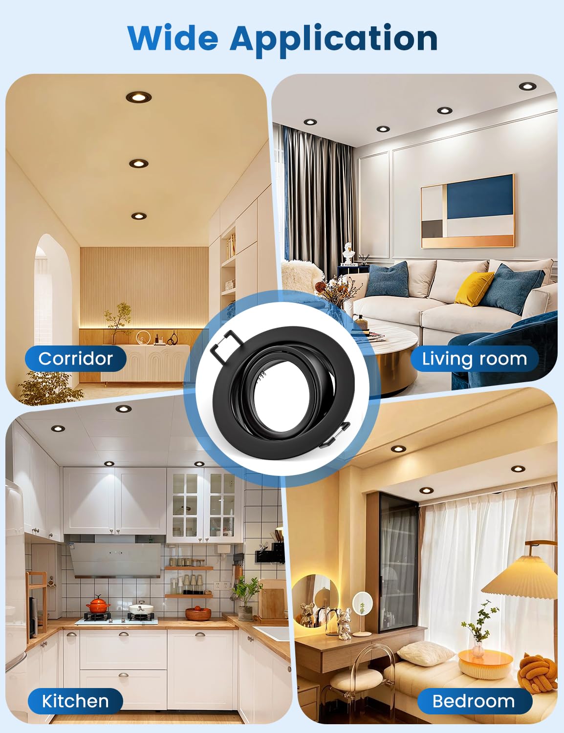 Einbaustrahler GU10 Set, 10x Schwenkbar Einbaurahmen 68mm mit GU10 Fassung, LED Spots 230V Rund Flach Deckenspots, Einbauspots Einbauleuchten Rahmen Matt Schwarz für LED oder Halogen Lampe