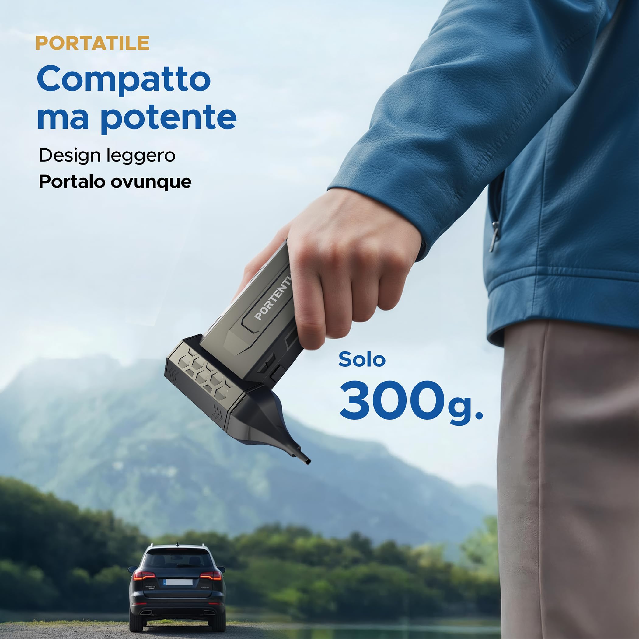 PORTENTUM 3 in 1 Aria compressa elettrico 180 km/h – Aspirapolvere auto 25 kPa – Torcia LED doppia – Set da 25 con 6 ugelli e 13 spazzole – Soffiatore a batteria fino a 115 min
