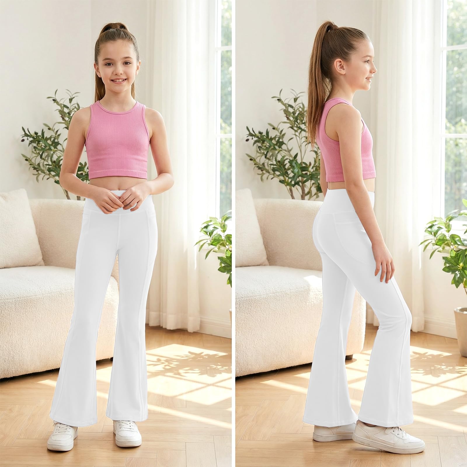 JinBei Leggings Niñas Pantalones Acampanados Cintura Alta Mallas Deportiva Elástica con Bolsillos, 7-15 Años