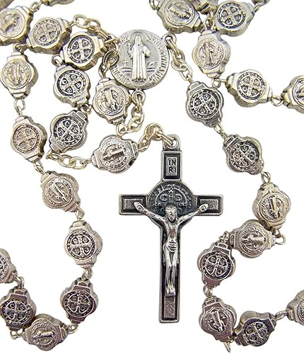 Miniatura 3 de Medalla de San Benito de plata oxidada, rosario de cuentas para proteger el exorcismo, 22 pulgadas