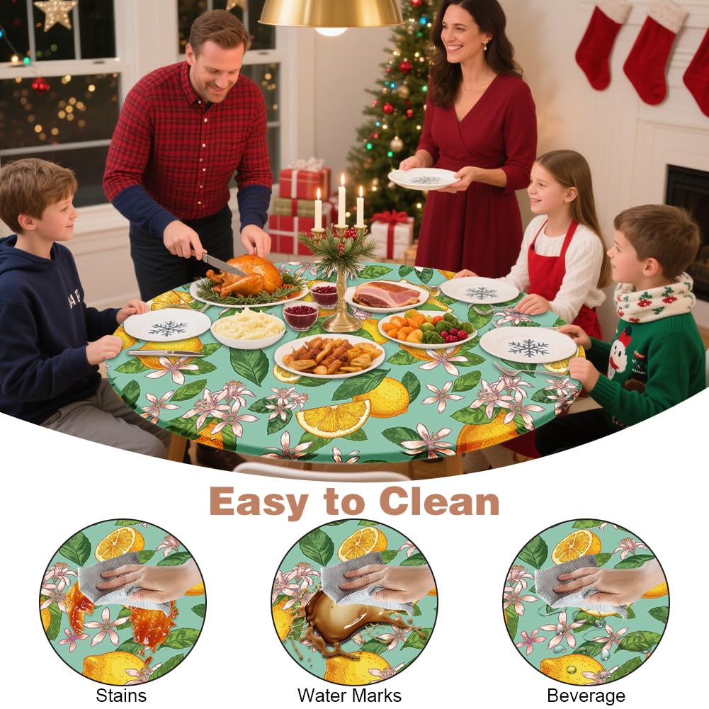 Yuragim Mantel redondo para exteriores con goma elástica, 90 cm, redondo, lavable, para exteriores, resistente a la intemperie, mantel elástico para jardín con estampado de limón, apto para mesas de