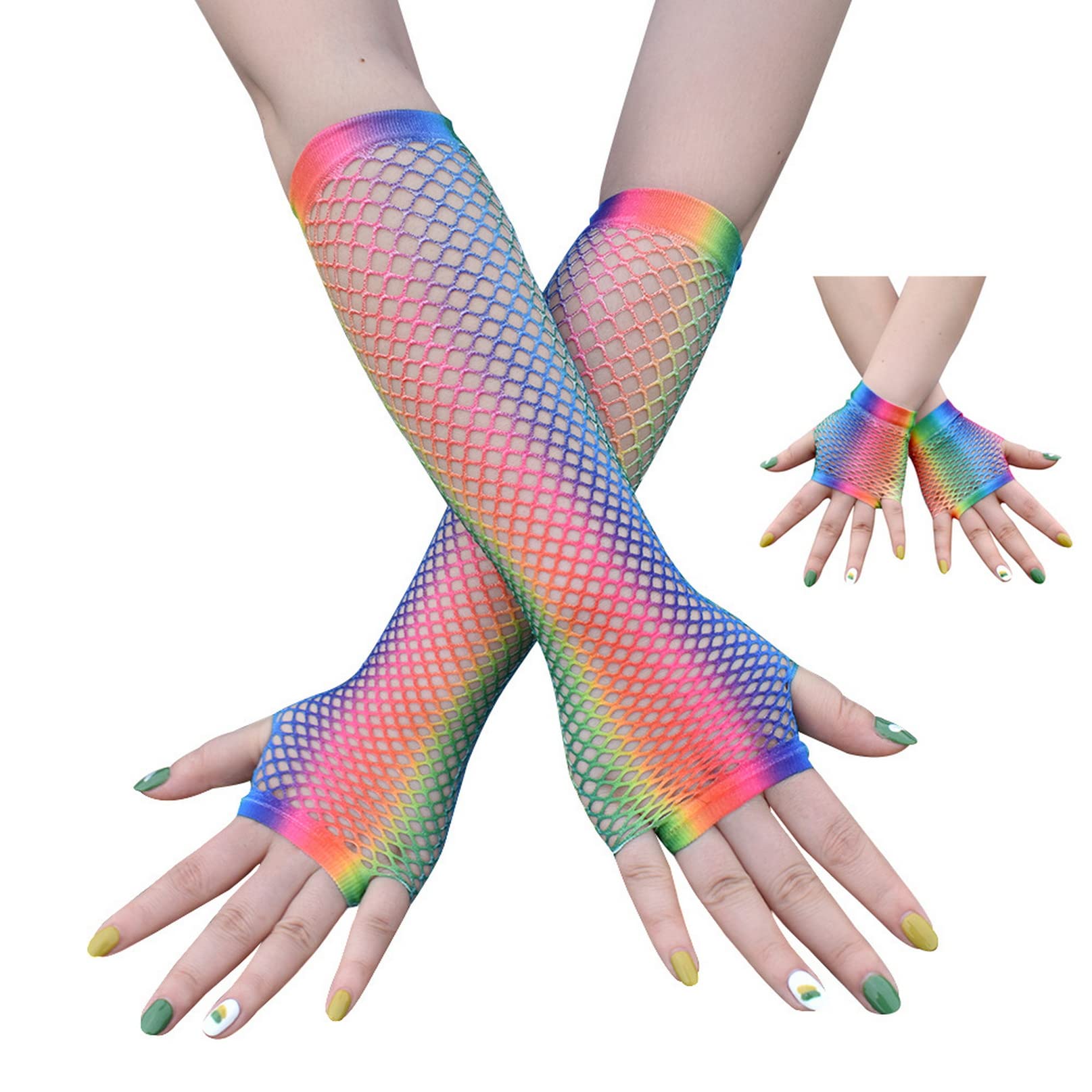 2 works of Rainbow Fishnet Gloves,Fingerless Opera Gloves for Women,Stretchy Fishnet Gloves,80s Mesh Costume Gloves