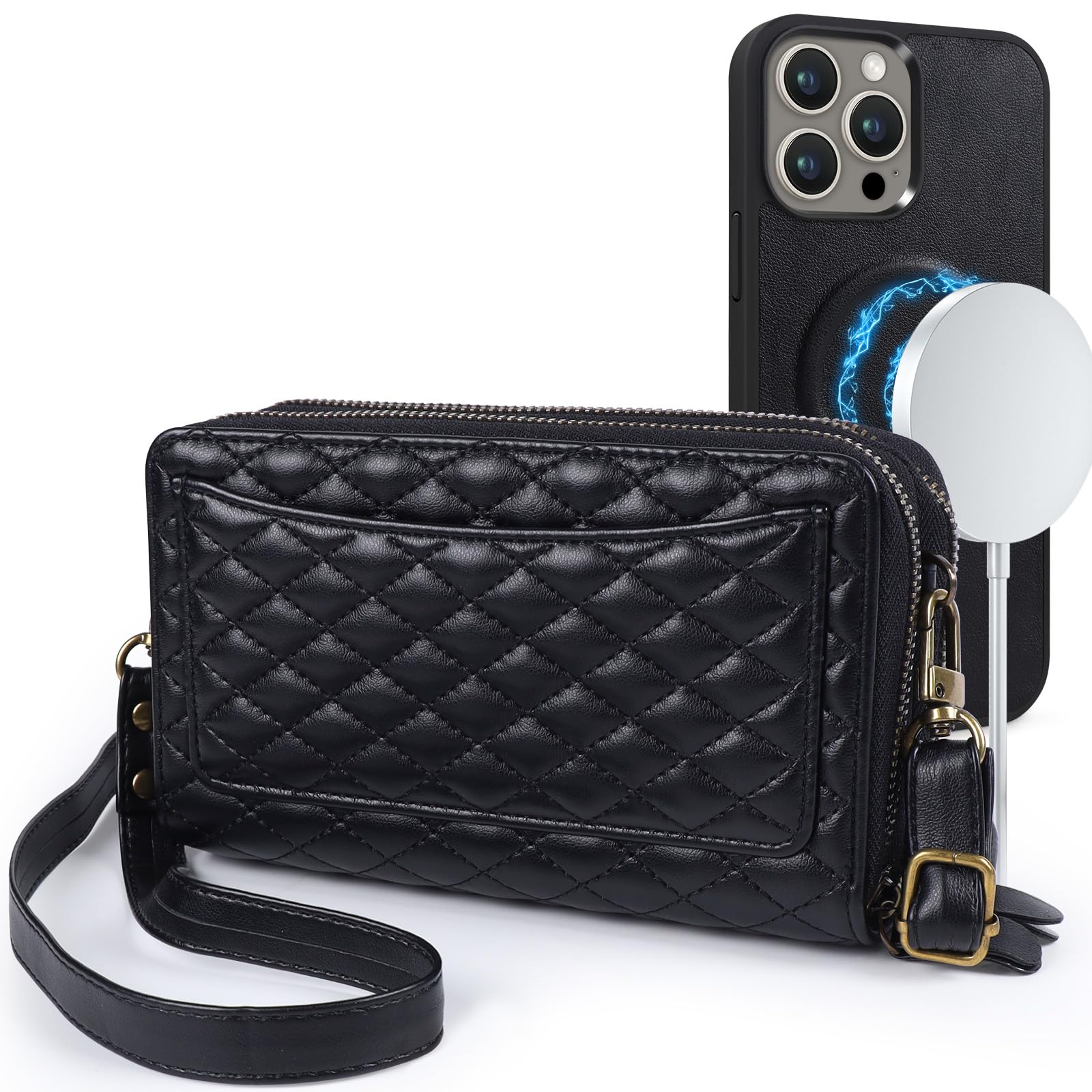 Harryshell Kompatibel mit iPhone 13 Pro Max 6,7 Zoll 2021, Brieftasche, mehrere Reißverschlüsse, abnehmbare magnetische Hülle, Geldbörse mit Kartenfächern, Spiegel, Crossbody (kompatibel mit Magsafe