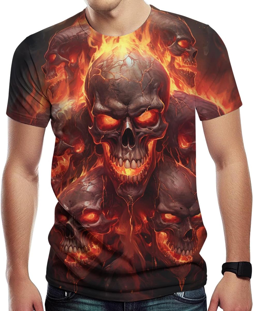 Men's Novelity 3D Print Skull T-Shirts Flame Skull Graphic Short Sleeve Tee Shirt