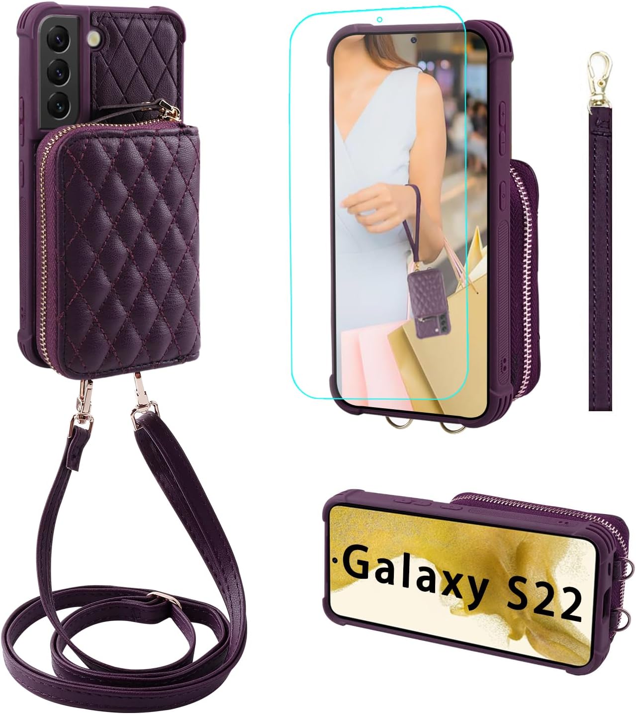 MONASAY Zipper Wallet Case Fit for Galaxy S22 5G 6.1in, [Screen Protector ][RFID Blocking] Flip Leather Handbag Phone Cover with Card Holder， Crossbody Shoulder Lanyard Strap, Purple