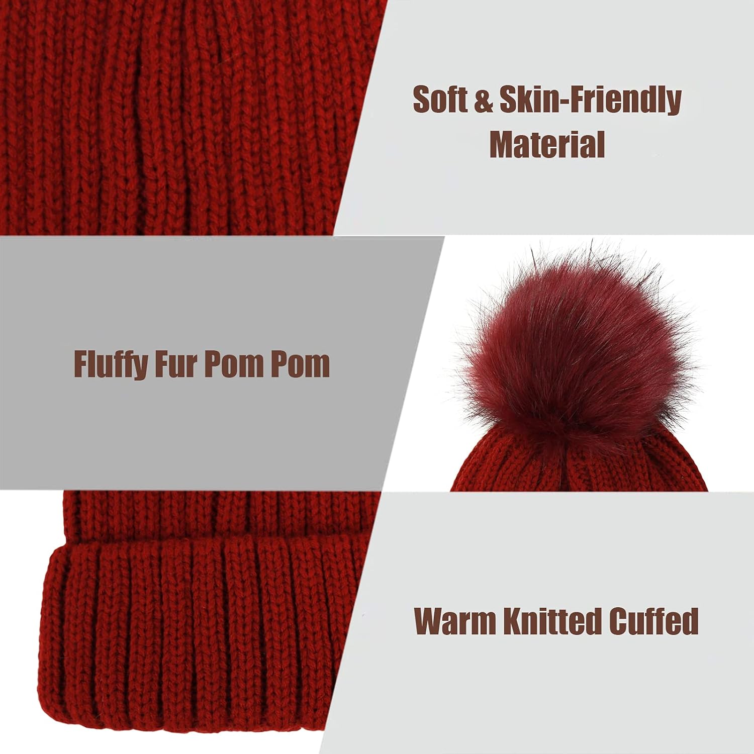 Muryobao 2 Pcs Womens Winter Knitted Beanie Hat Touch Screen Gloves Set Knit Cuffed Skull Cap with Faux Fur Pom