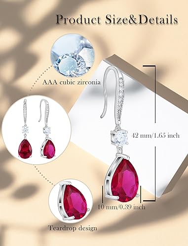 Miniatura 6 de Wedding Big 10x14MM Teardrop Birthstones Earrings for Women, 925 Sterling Silver Dangle Drop Hook Earrings for Brides Bridesmaids Jewelry