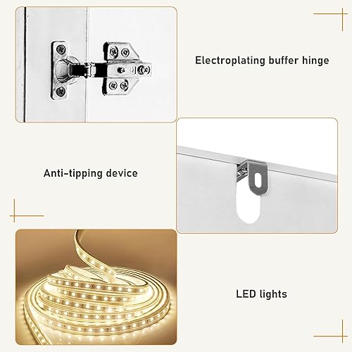 Miniatura 5 de Armario de 4 puertas con espejo, armario LED con puertas y cajones, armario de almacenamiento de madera con barra para colgar, estantes ajustables,