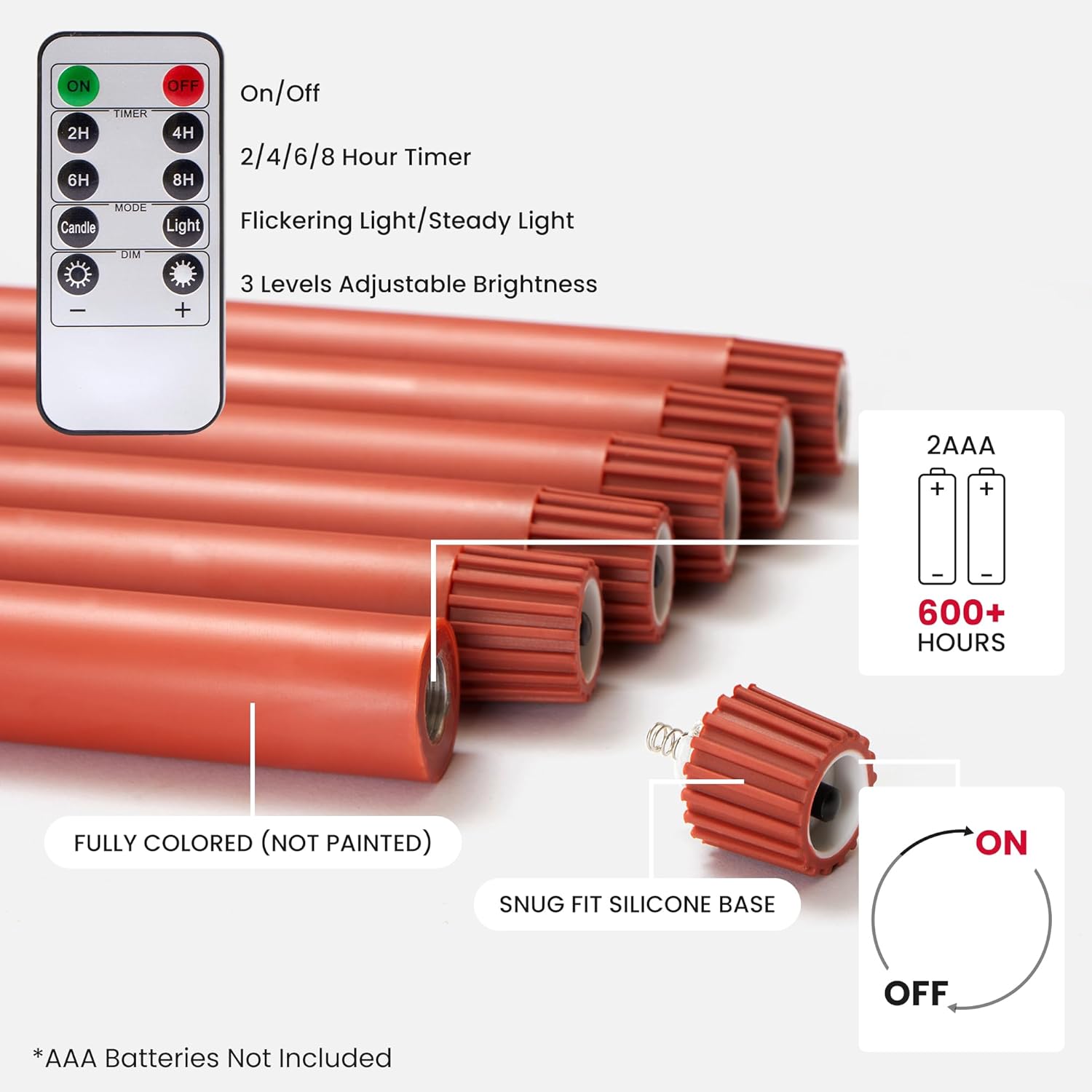 Terra Cotta Flameless Taper Candles with Remote and Timer, 6 Pack LED Candlesticks, 10 Inch Fall Taper Candles Battery Operated with 3D Flickering Flame, Thanksgiving Candle for Table