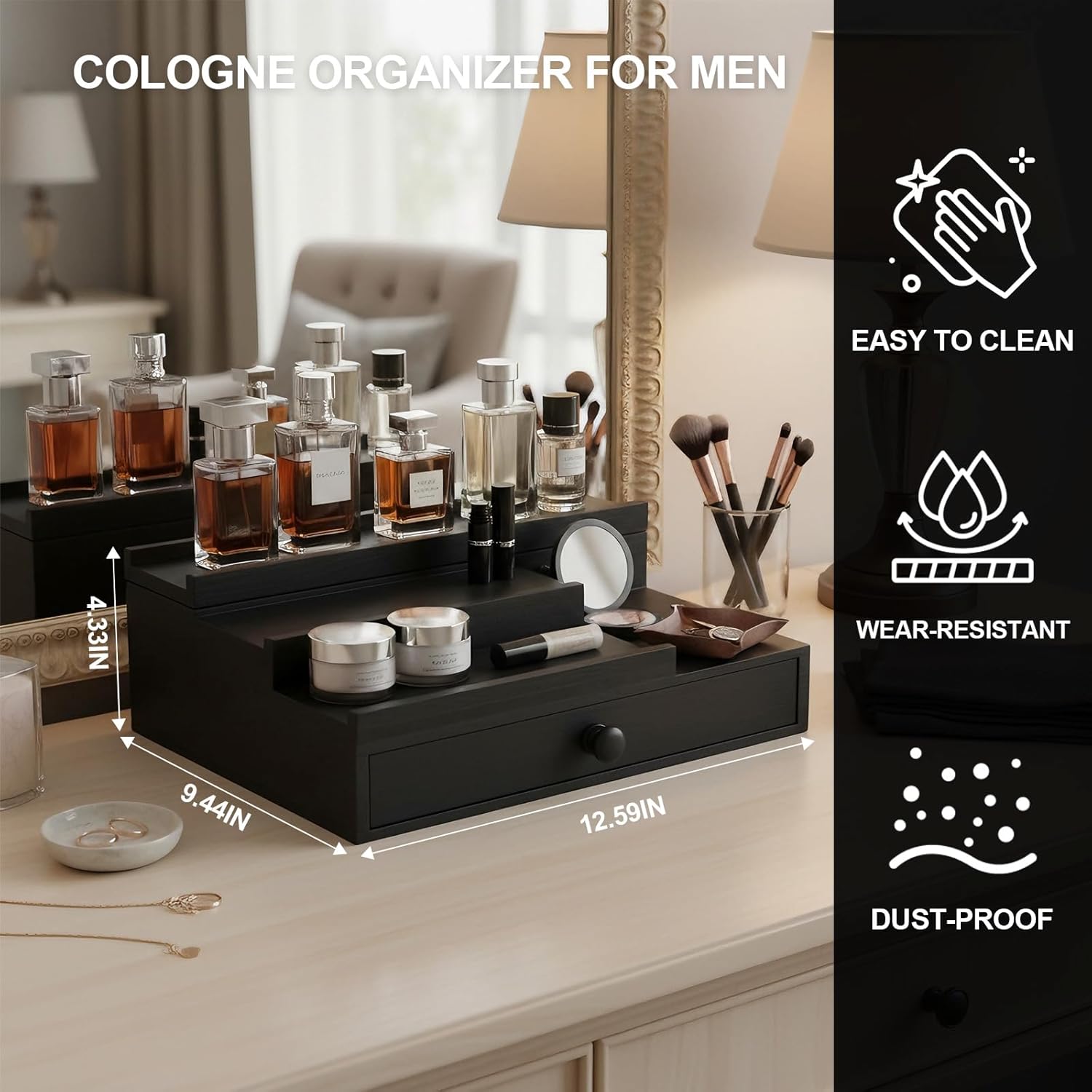 Cologne Organizer for Men,Solid Wood Cologne Stand with Drawer and Hidden Compartments, Nightstand Organizer,Dresser Drawer Organizers,Organizador de Perfumes,Perfume Stand Organizer for Bedroom,Black