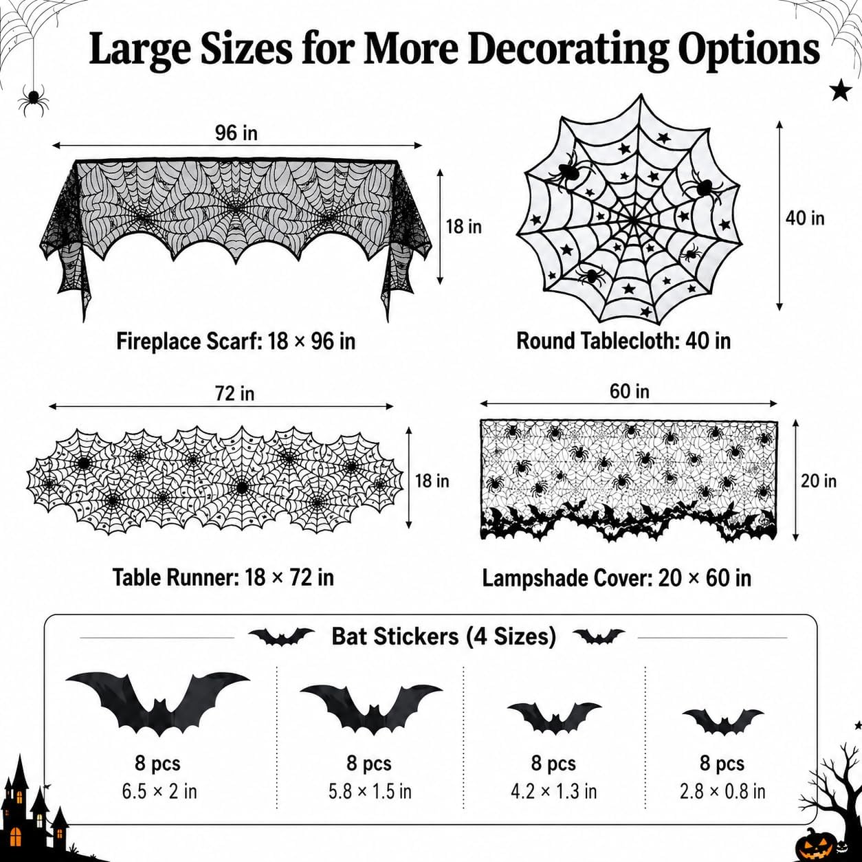 36 pack Halloween Decorations Tablecloth Runner Black Lace Round Spider Cobweb Table Cover Fireplace Mantel Scarf Spiderweb Fireplace Scarf Spider Lampshade with Scary 3D Bat for Halloween Party