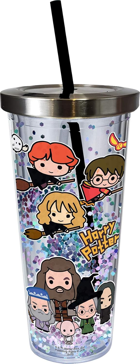 Spoontiques - Harry Potter Tumbler - Cartoon Glitter Cup with Straw - 20 oz - Acrylic - Multi