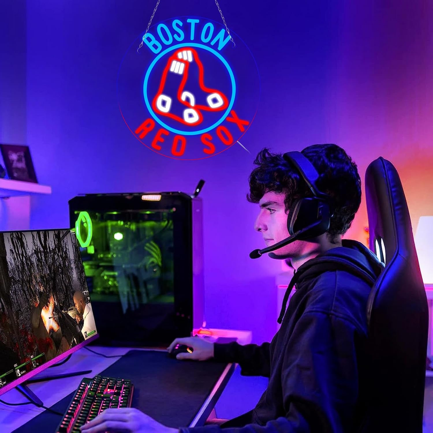 WonderfulLife Red Sox Neon Sign for Boston Baseball Team Logo,Led Neon Lights for Sports Man Cave Bar Office or Living Room Decor,Perfect Gifts for MLB Fans.