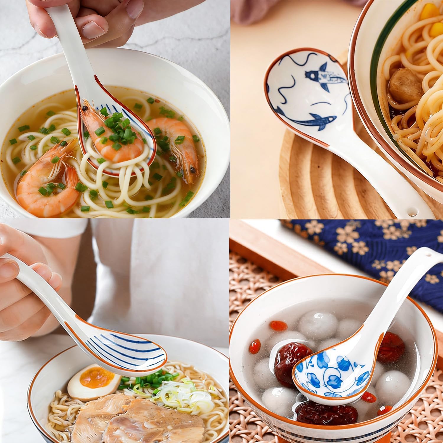 4 Pcs Soup Spoons, 6.3 Inches Ceramic Spoon Japanese Spoons Asian Soup Spoon Ramen Spoon for Pho Cereal Wonton Dumpling Miso