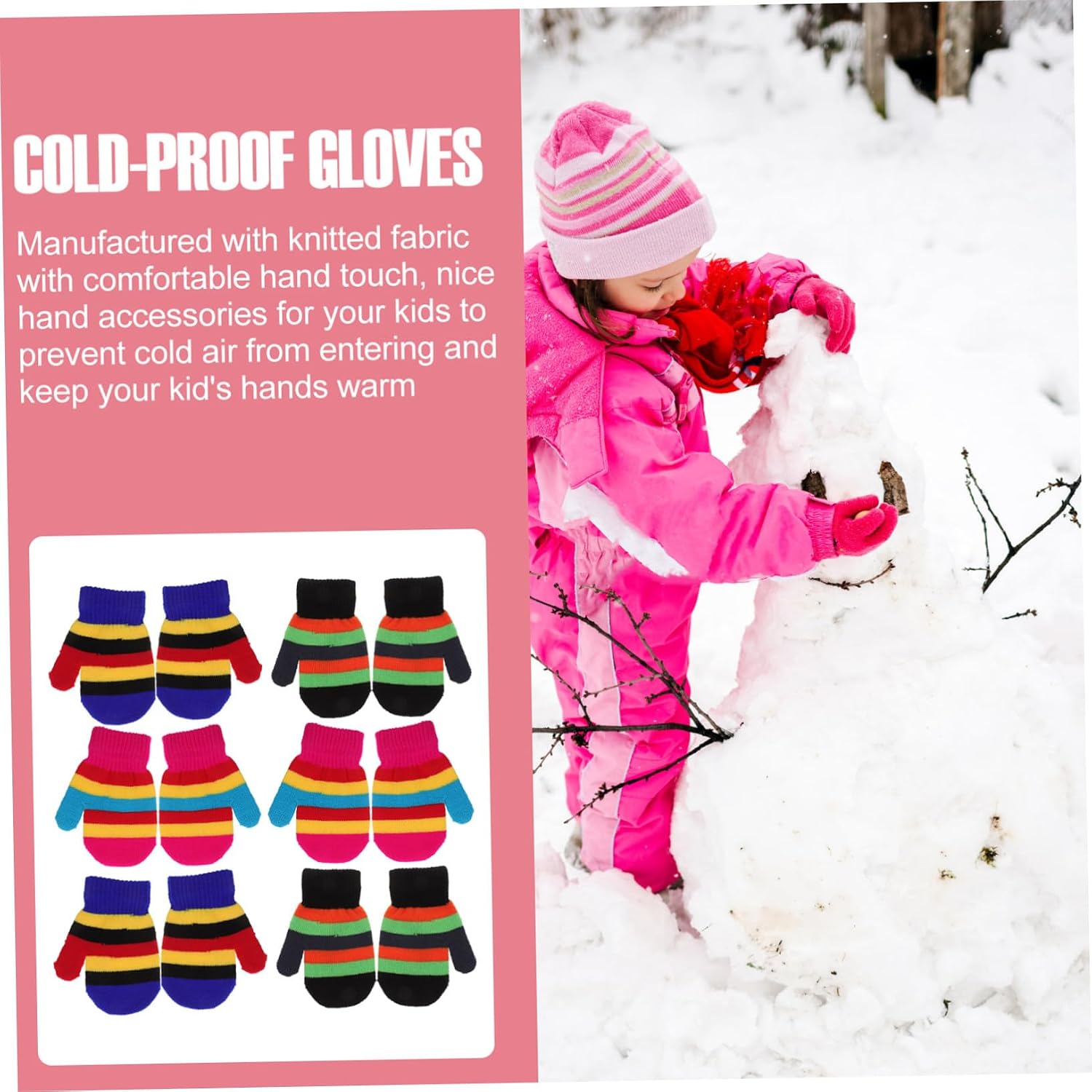 6 Pairs Winter Knitted Gloves Warm Outdoor Hand Covers for Boys and Ages Soft Texture Easy to Maintain Vivid Colors Black Light Blue Pink Red