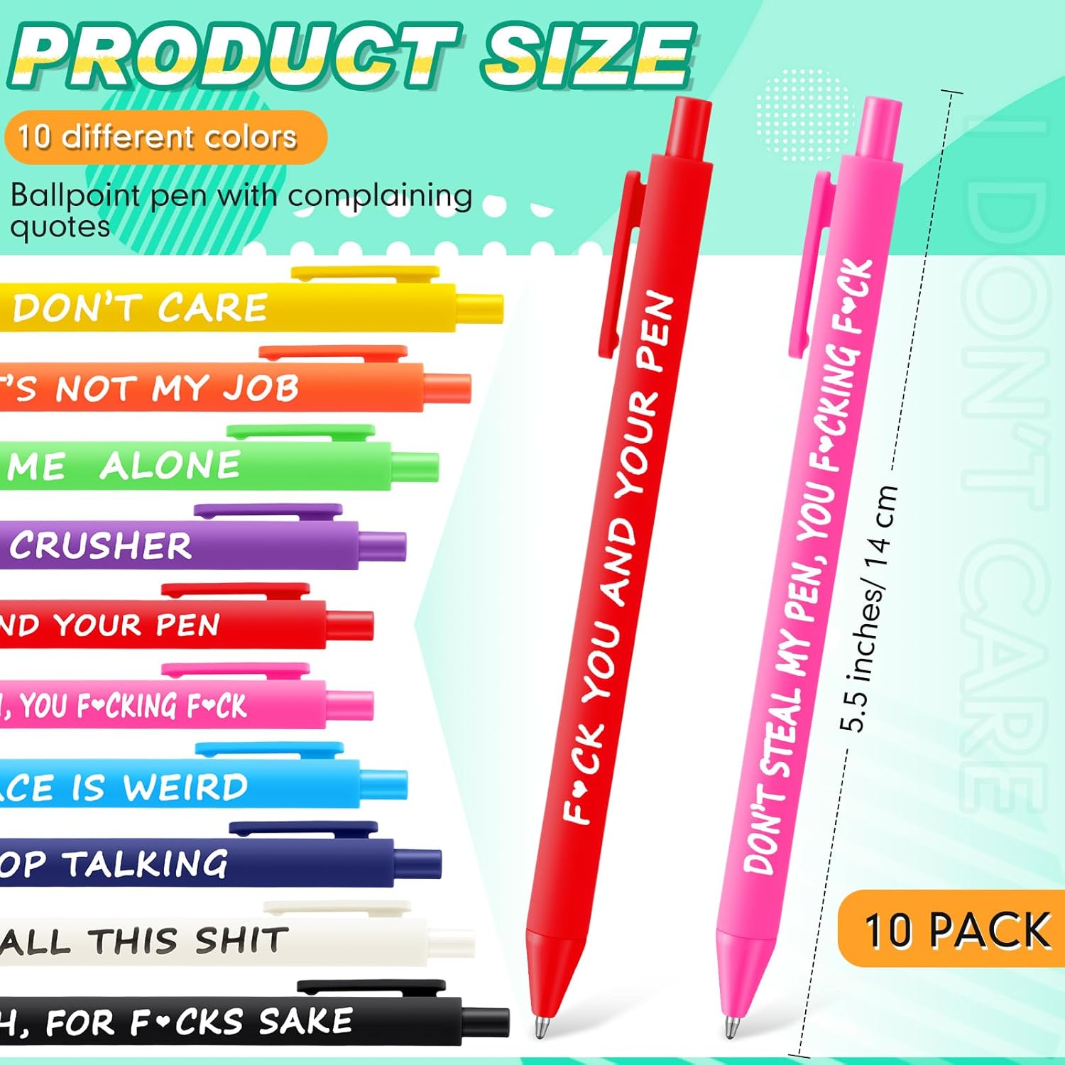Crtiin 10 Pcs Funny Pens for Adults Fun Ballpoint Pens Bulk with Sayings Novelty Quotes Black Ink for Christmas Women Men Coworkers Colleagues Office Gifts(Bright Color,Snarky) - Image 2