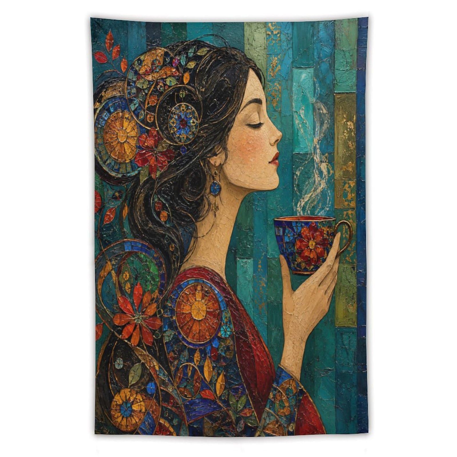 H3B8U2Y5 Woman with Teacup Wall Tapestry, Mosaic Style, College Dorm