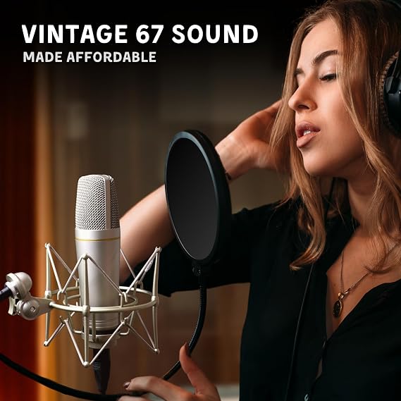 MA-67 Studio Condenser Microphone, 34mm Gold Large Diaphragm Capsule, Including Hydro Pop Filter, Metal Shock Mount, XLR Cable and Mic Bag - For Music Production, Vocal Recording and Podcasting